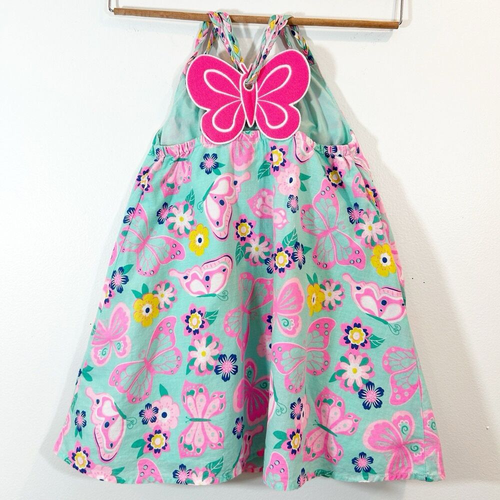 Sigrid Olsen Kids | Green Pink Floral Butterfly Halter Loose Cotton Dress Size 4